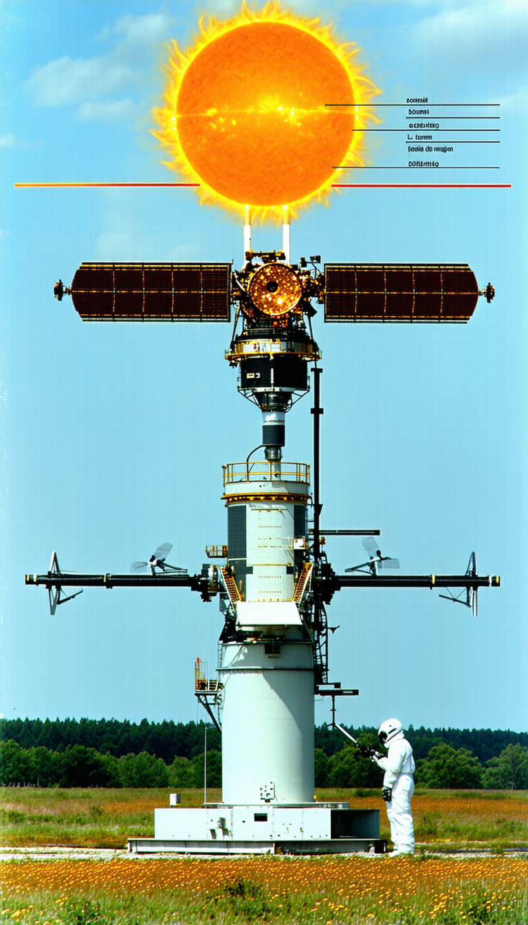 A Large Satellite Dish Is Mounted On A Tower, With A Large Sun In The Background