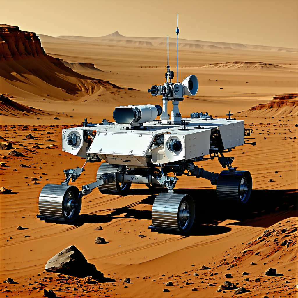 A White Robotic Vehicle, Possibly A Rover, Driving Across A Rocky Terrain