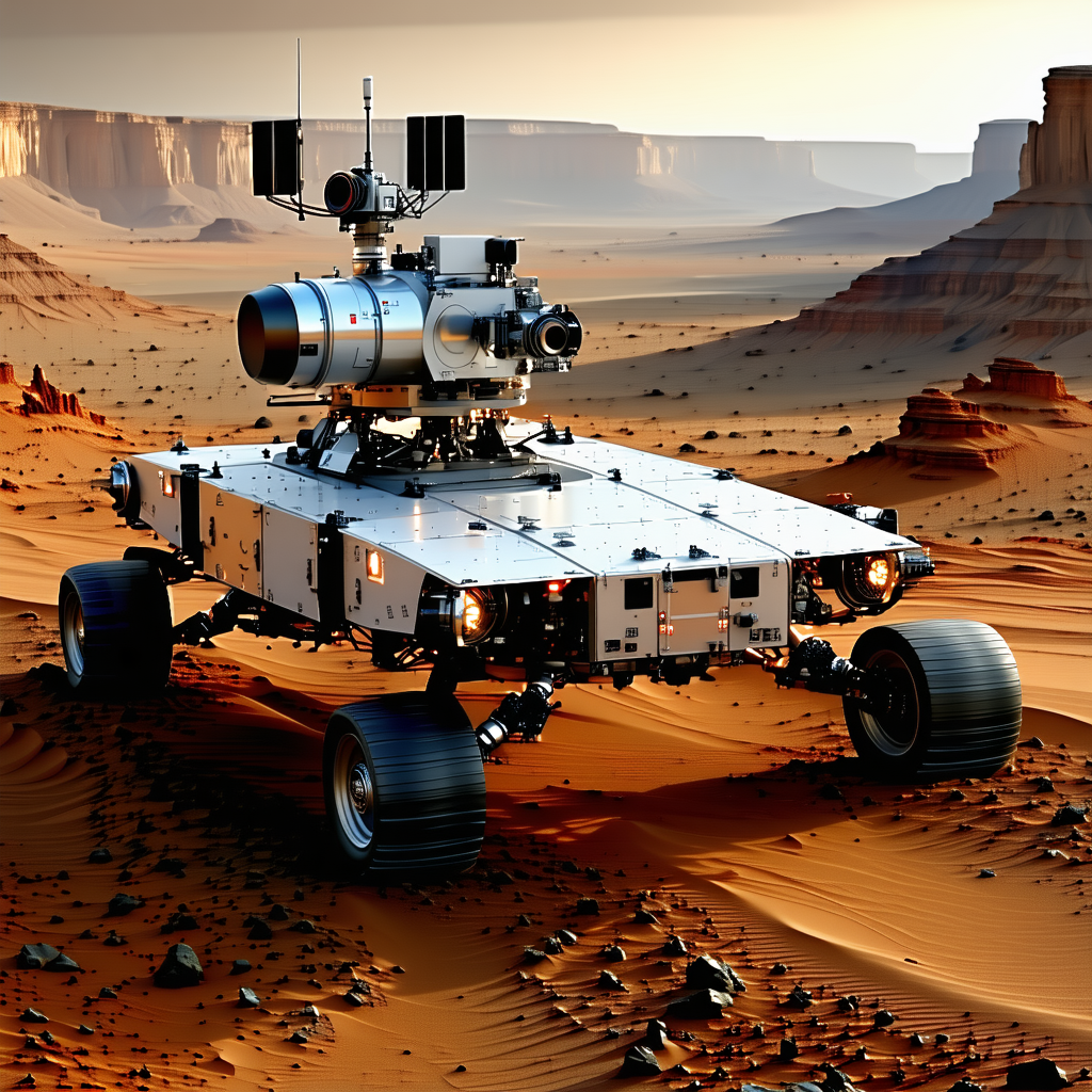 A Large Robotic Vehicle Is Driving Across A Desert Landscape