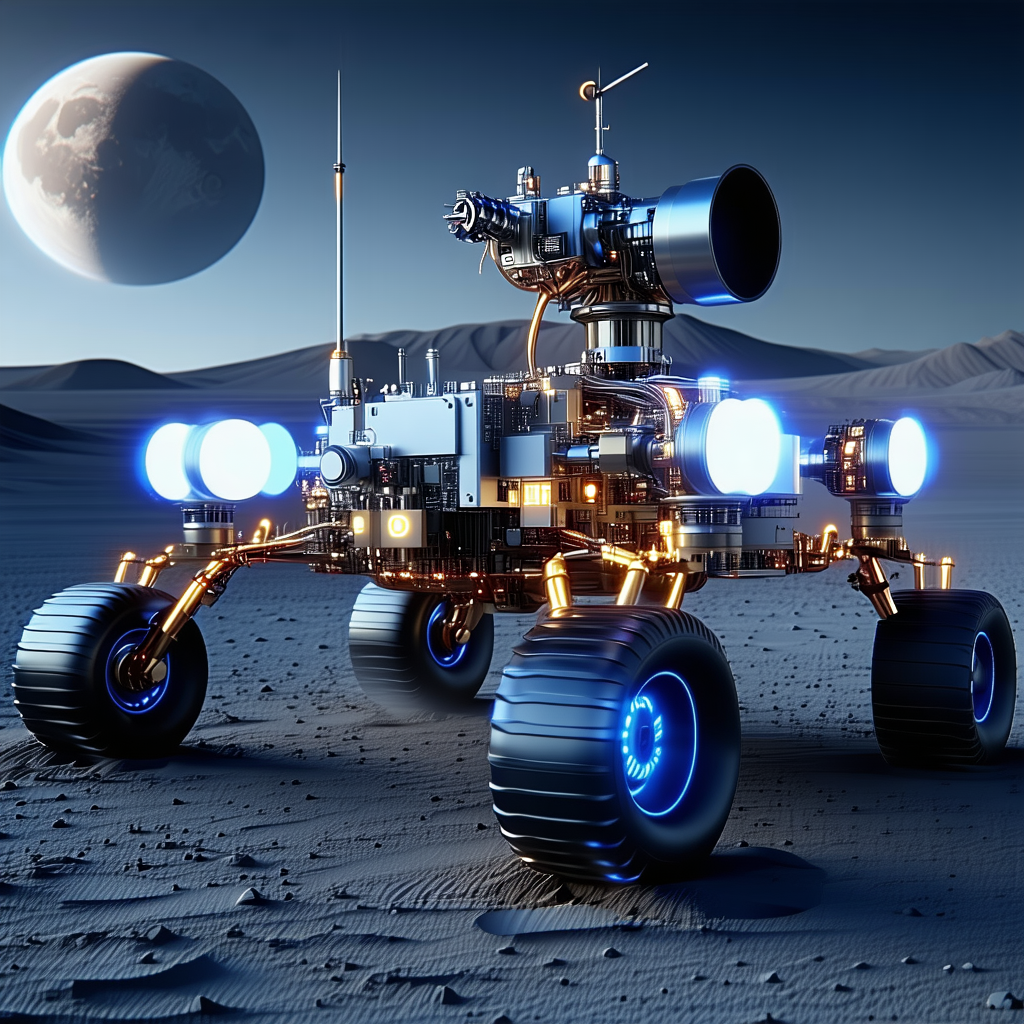 A Futuristic Vehicle Is Parked On A Rocky Surface, With A Large Moon In The Background