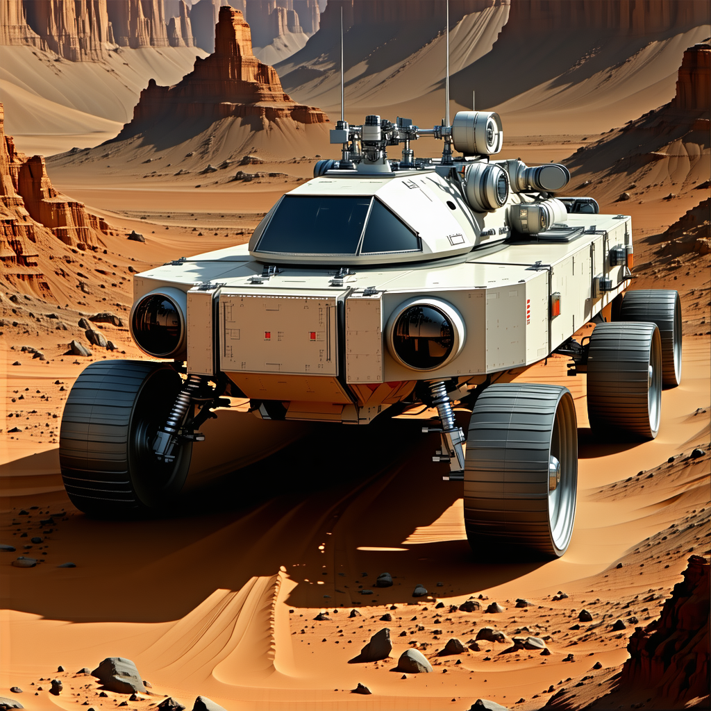 A Futuristic Vehicle Is Driving On A Dirt Road In A Desert-like Environment