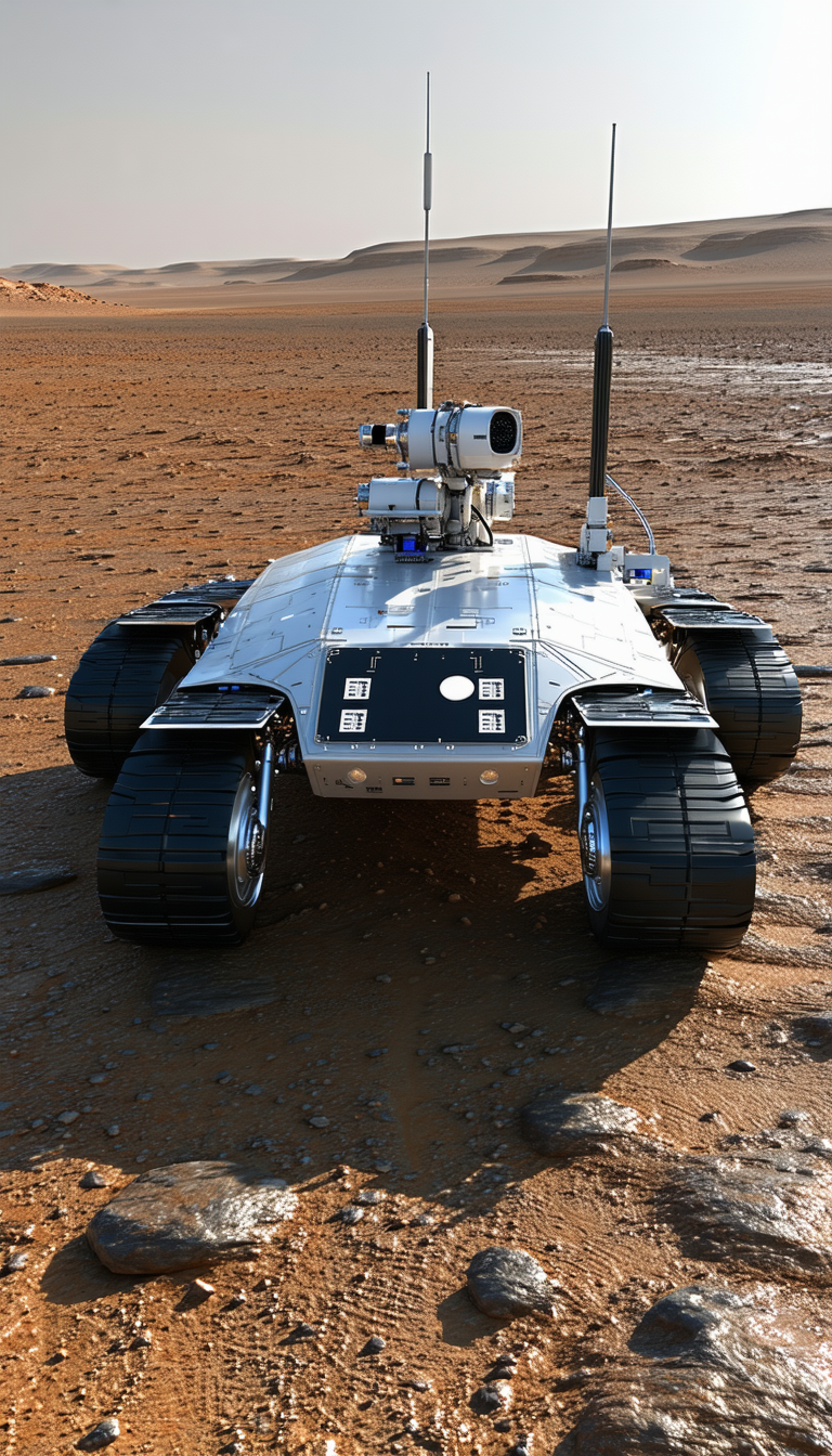 A White Robotic Vehicle Is Sitting On A Dirt Field