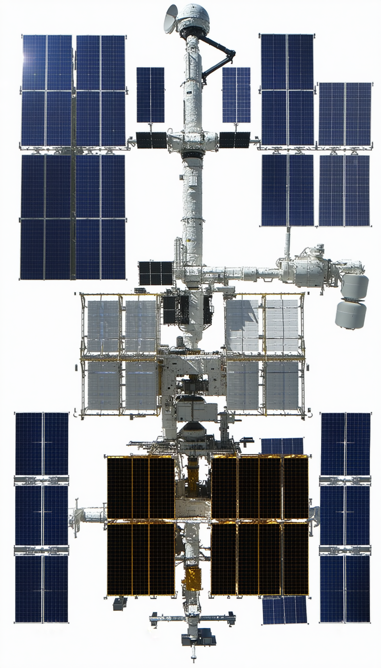 A Large Space Station With A Variety Of Solar Panels On Its Exterior