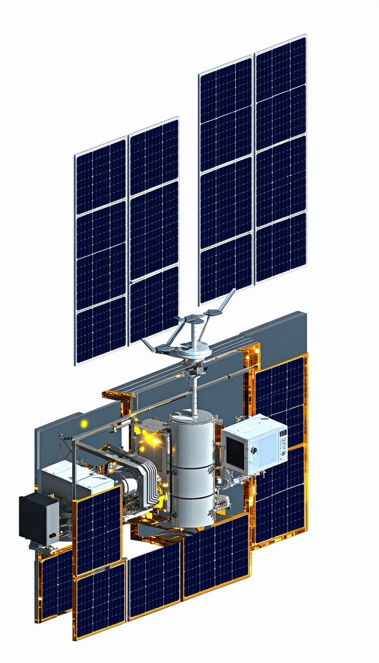 A Large, White, And Blue Spacecraft With A Solar Panel On Its Side