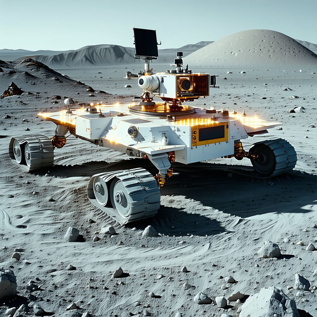 A White Robotic Vehicle, Possibly A Rover, Sitting On A Rocky Surface