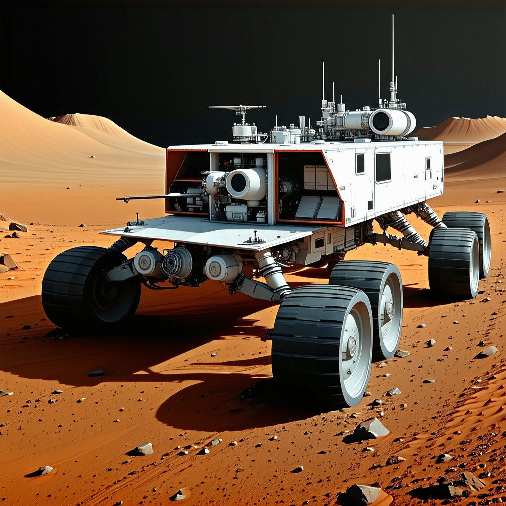 A Large White Vehicle Is Parked On A Red Dirt Surface