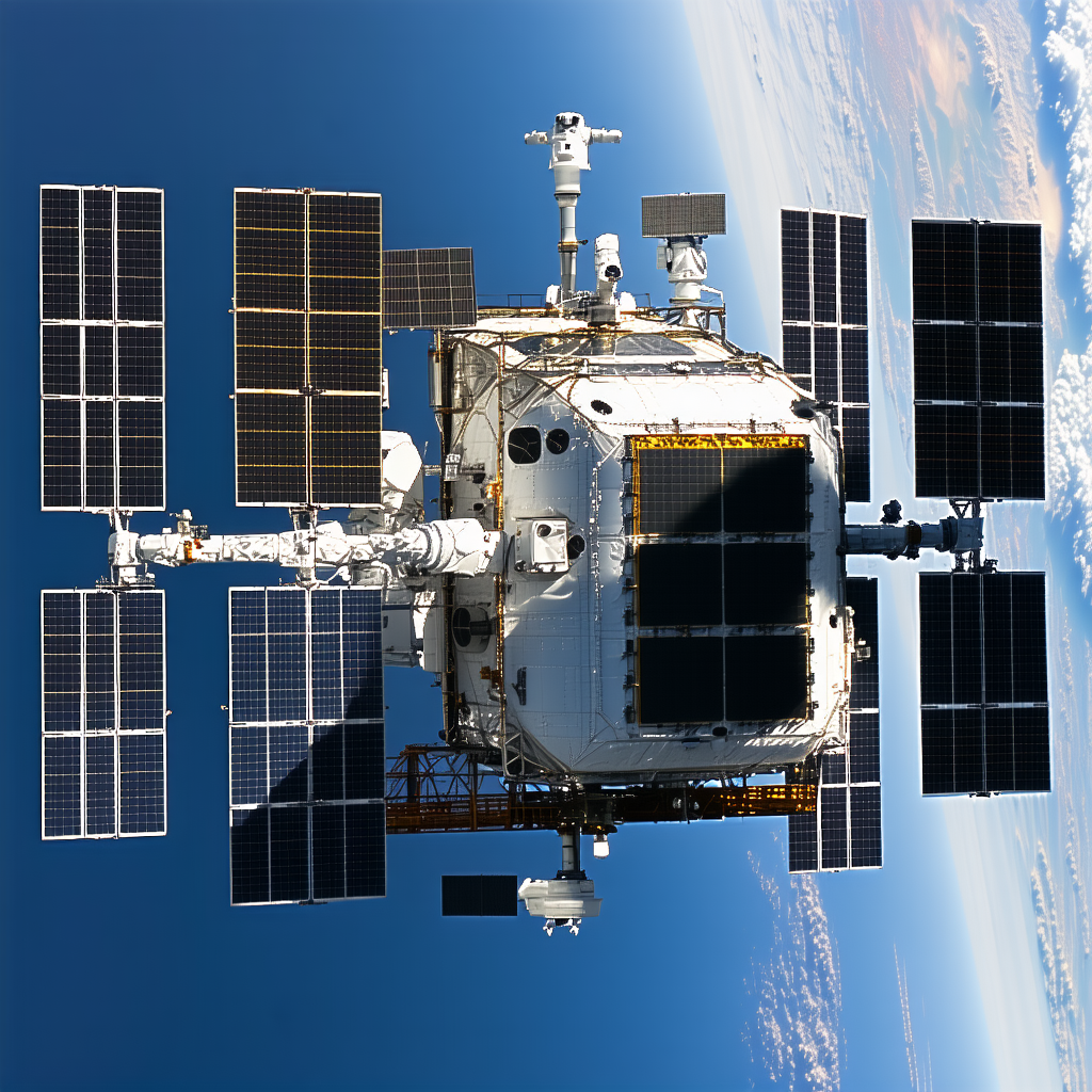 A Space Shuttle Flying Through The Sky, With A Large Satellite Attached To Its Side
