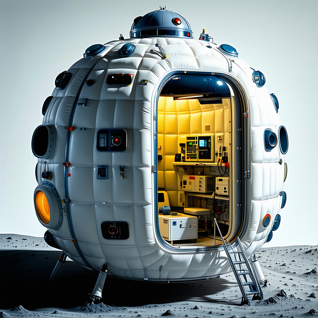 A Large White Spacecraft With A Hatch Open, Revealing A Room Inside