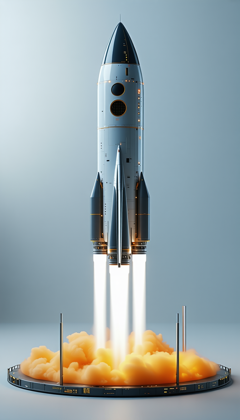 A Rocket Ship With A Long, White, And Blue Tail