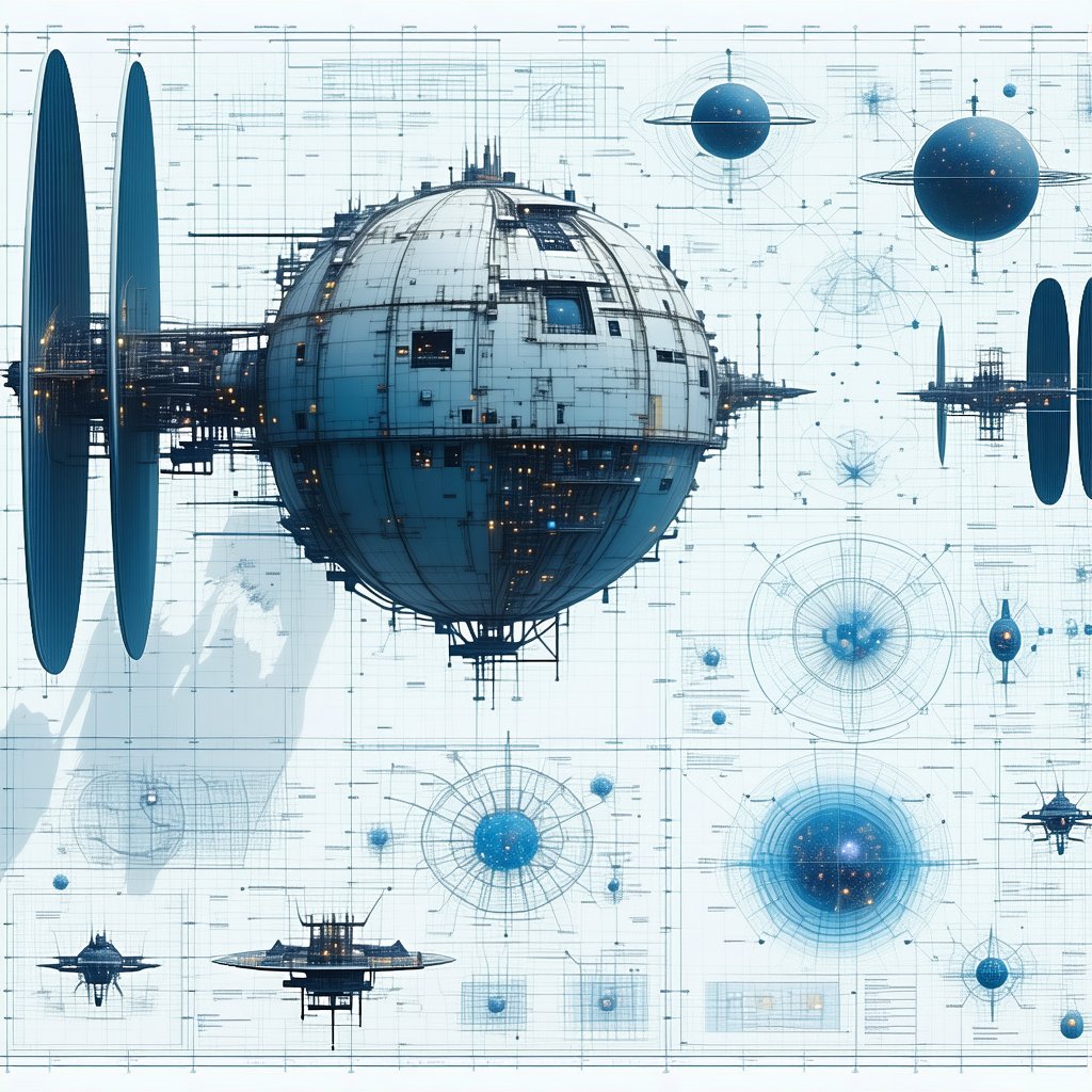 The Image Is A Blue And White Drawing Of A Space Station