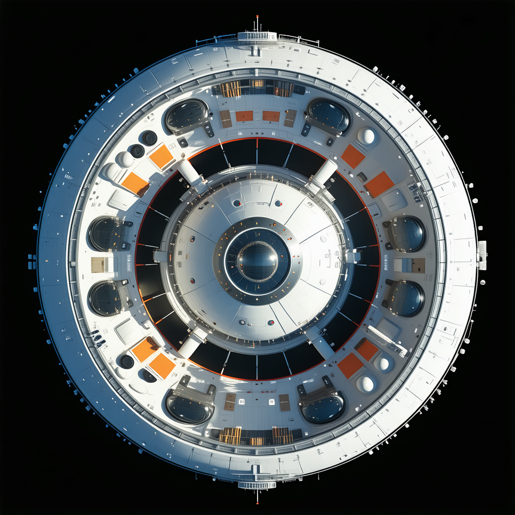 The Image Is A Close-up Of A Large, Round, White And Orange Spacecraft