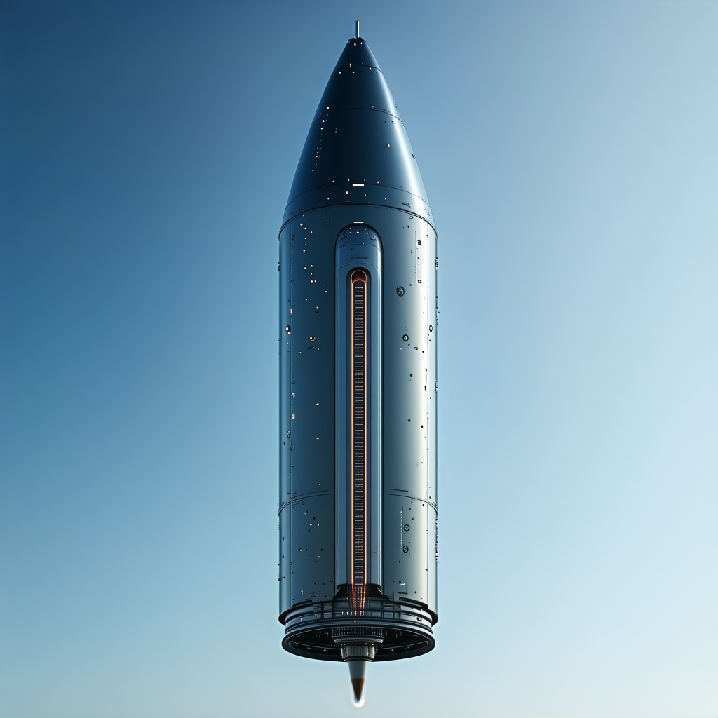 A Large Rocket Ship Is Shown In A Blue Sky, With A Clear View Of Its Underside