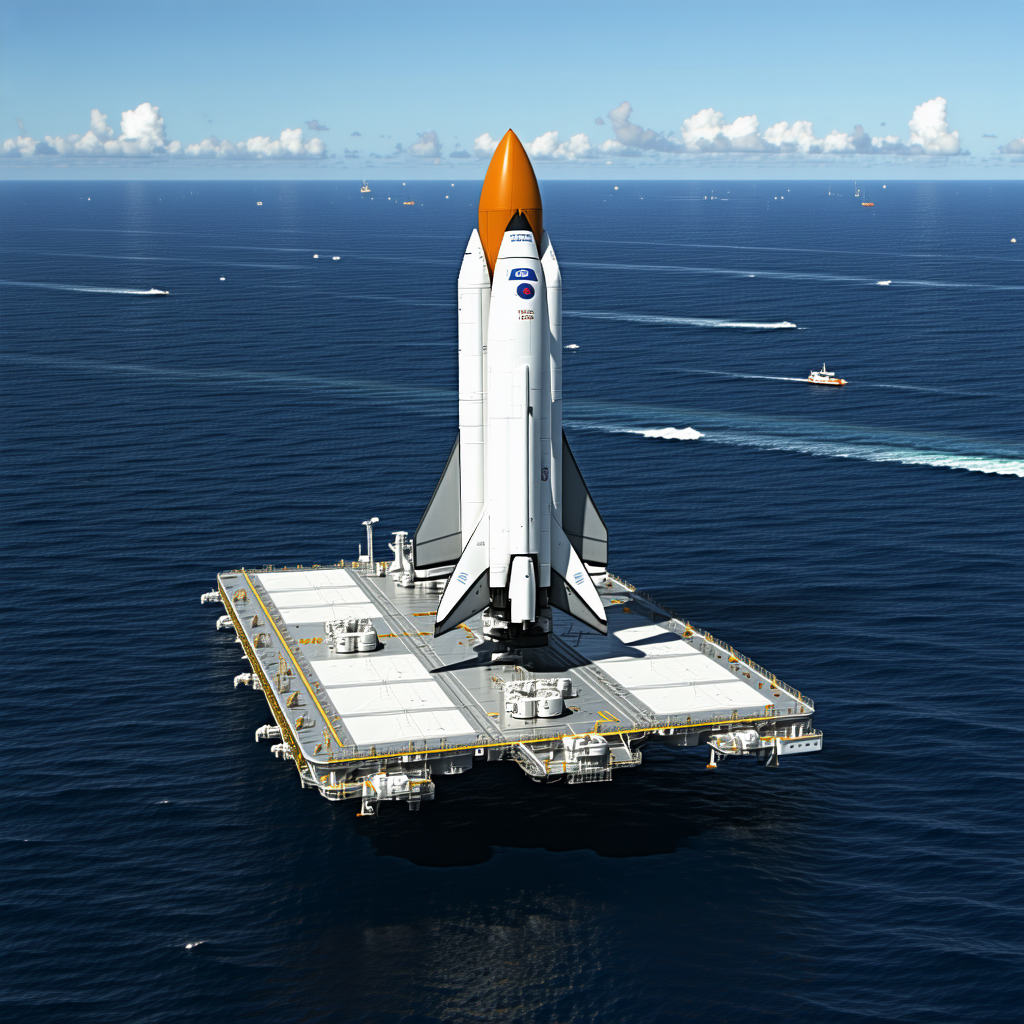 A Large White Space Shuttle Floating On Top Of A Platform In The Ocean