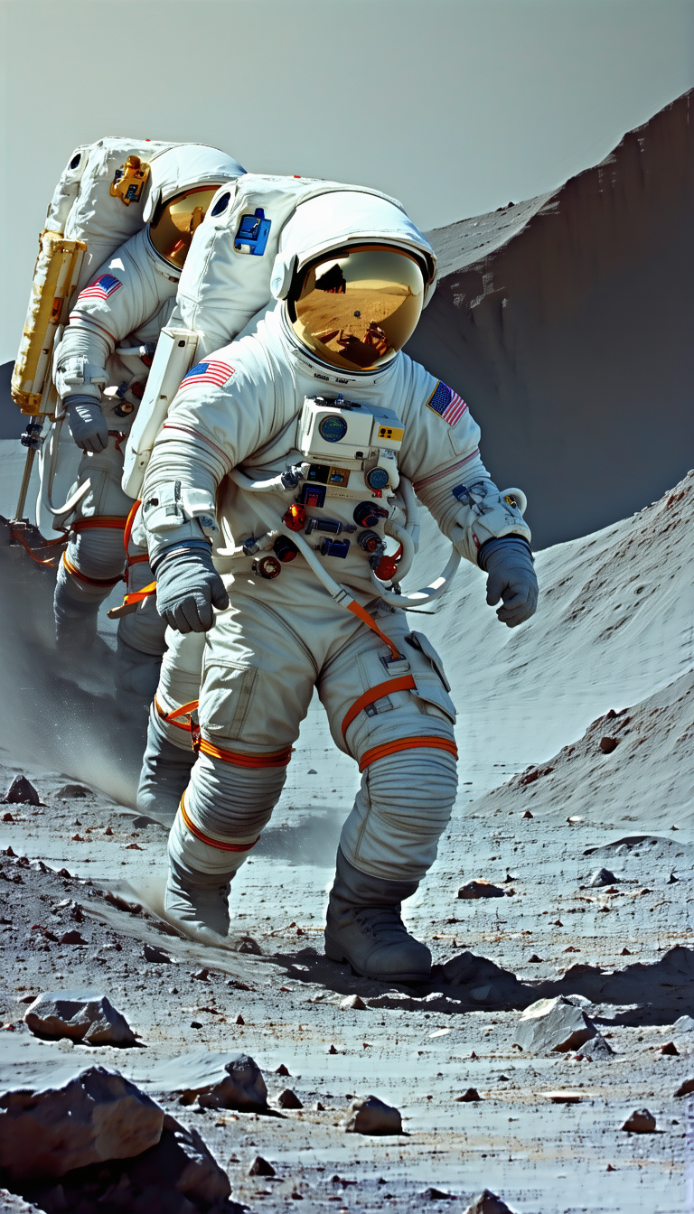 In The Image, Two Astronauts Are Walking On A Rocky Surface, Possibly On The Moon