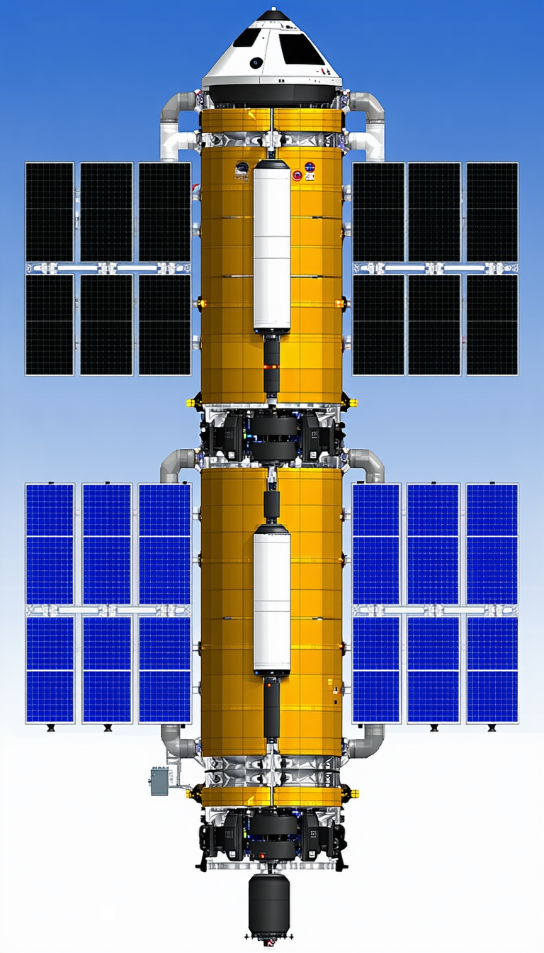 A Large Spacecraft With A Yellow And White Color Scheme