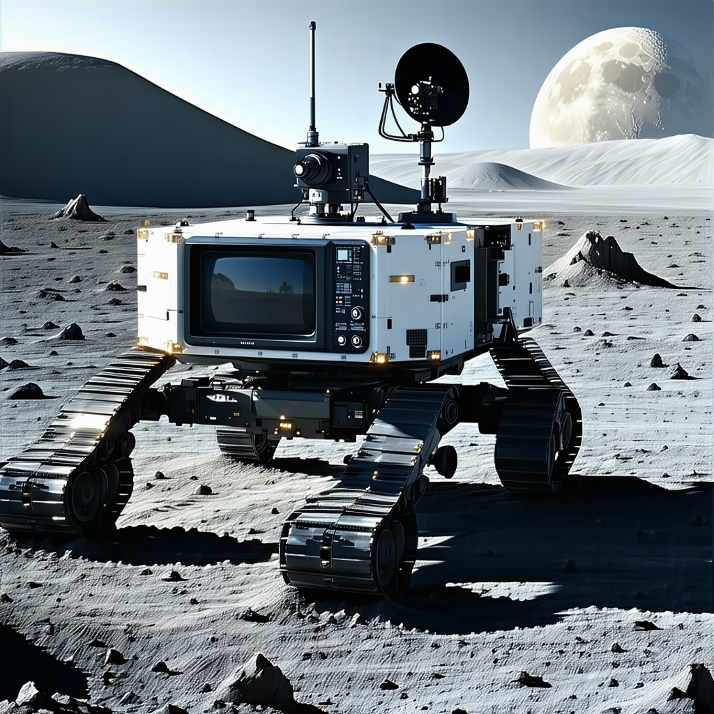 A White Robotic Vehicle With A Television Screen On Its Front