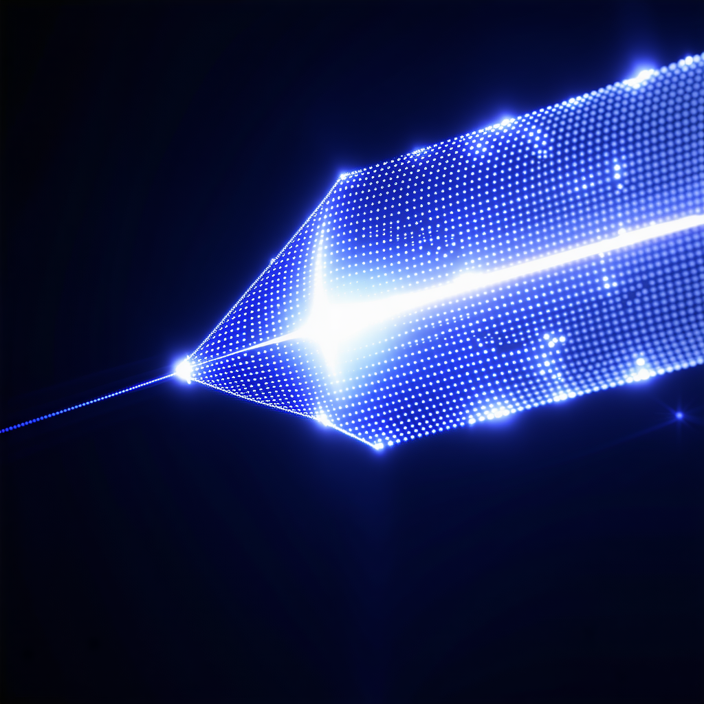 A Blue Lighted Arrow, Which Appears To Be A Light Sculpture Or A Lighted Drawing