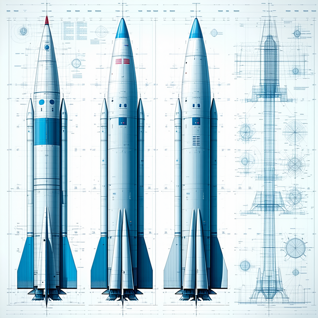 A Blue Rocket Ship Is Shown In Three Different Stages Of Its Development