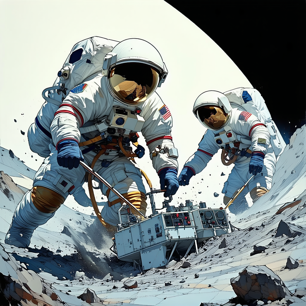 In The Image, There Are Two Astronauts Standing On A Rocky Surface, Possibly On The Moon