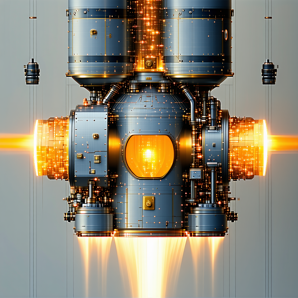 A Futuristic Spacecraft Is Shown In A Close-up View, With Its Engine Glowing Brightly