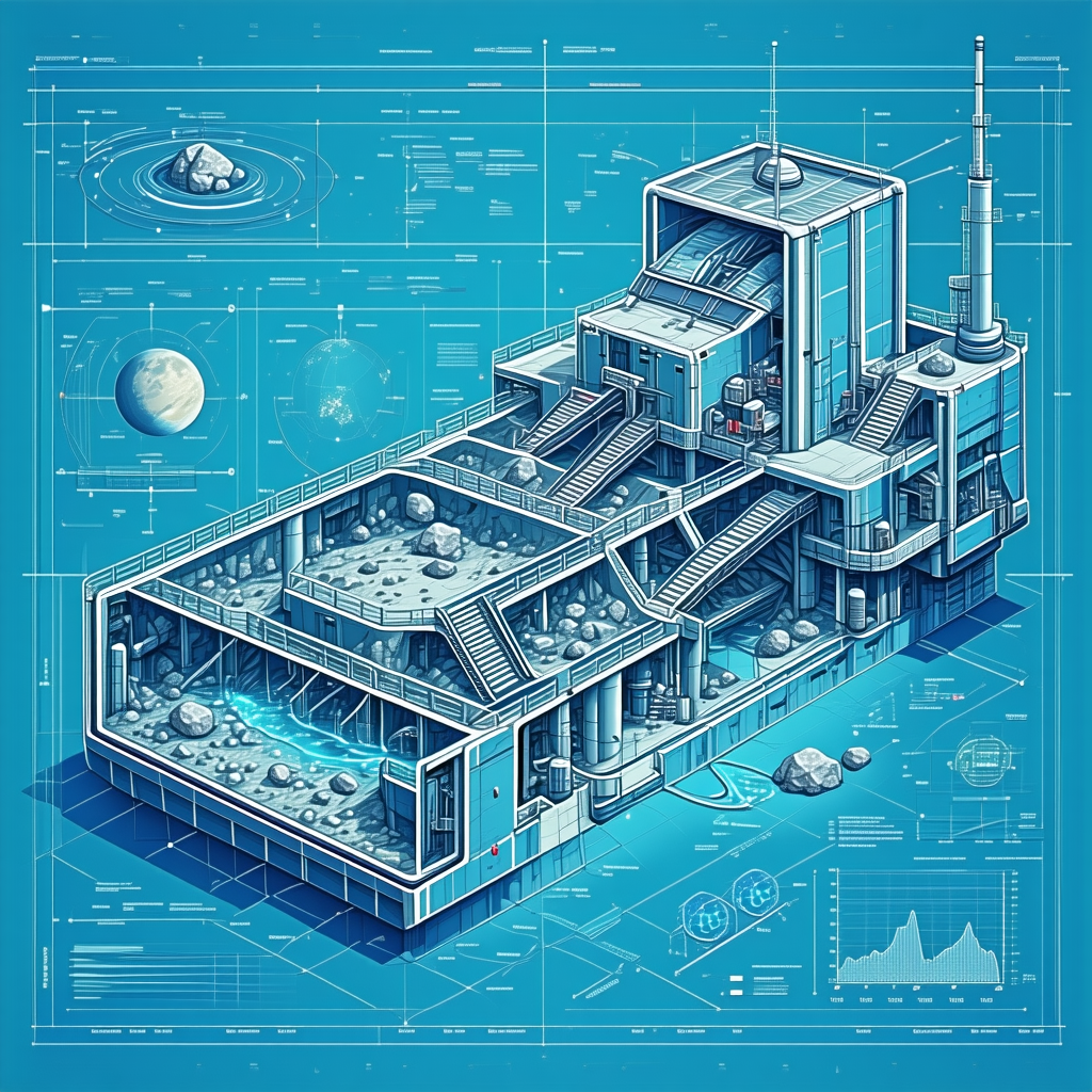 A Blue And White Drawing Of A Building Is Shown