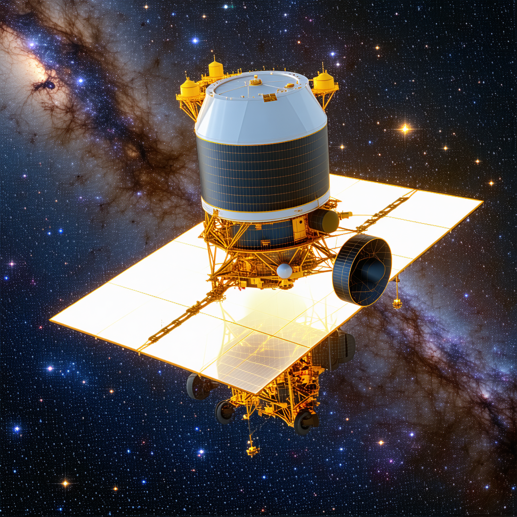 A Spacecraft With A Large Dish Antenna On Its Side, Floating In The Vastness Of Space