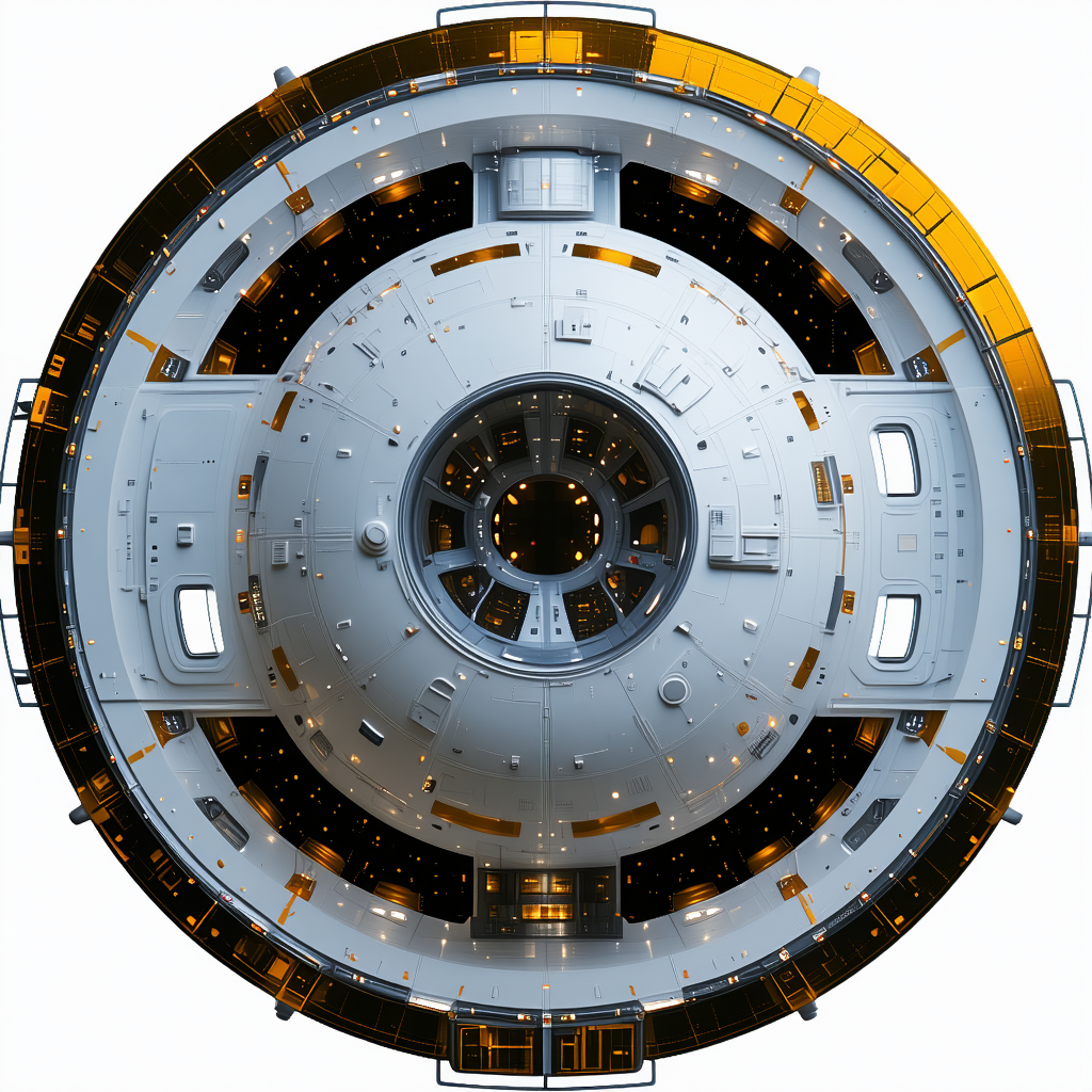 The Image Is A 3d Model Of A Space Station, Showcasing Its Interior