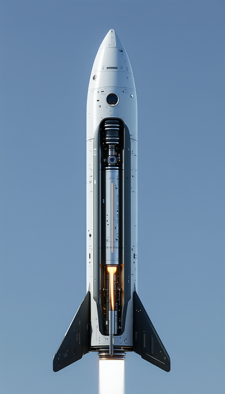 A Rocket Is Shown In A Close-up View, With Its Engine Lit Up