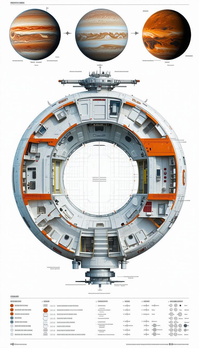 The Image Is A Detailed Drawing Of A Space Station, Showcasing Its Various Components
