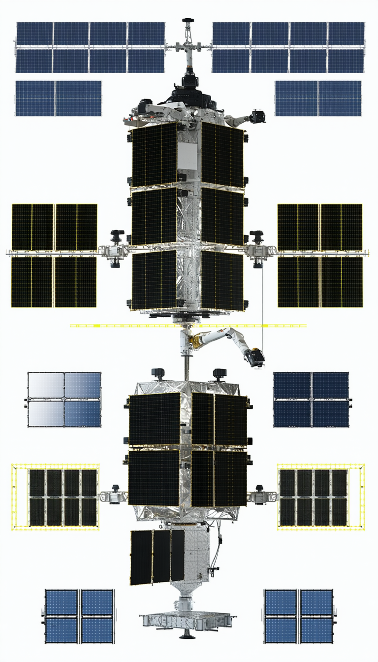 A Large Satellite Is Shown In A Close-up View, With Its Various Components Clearly Visible