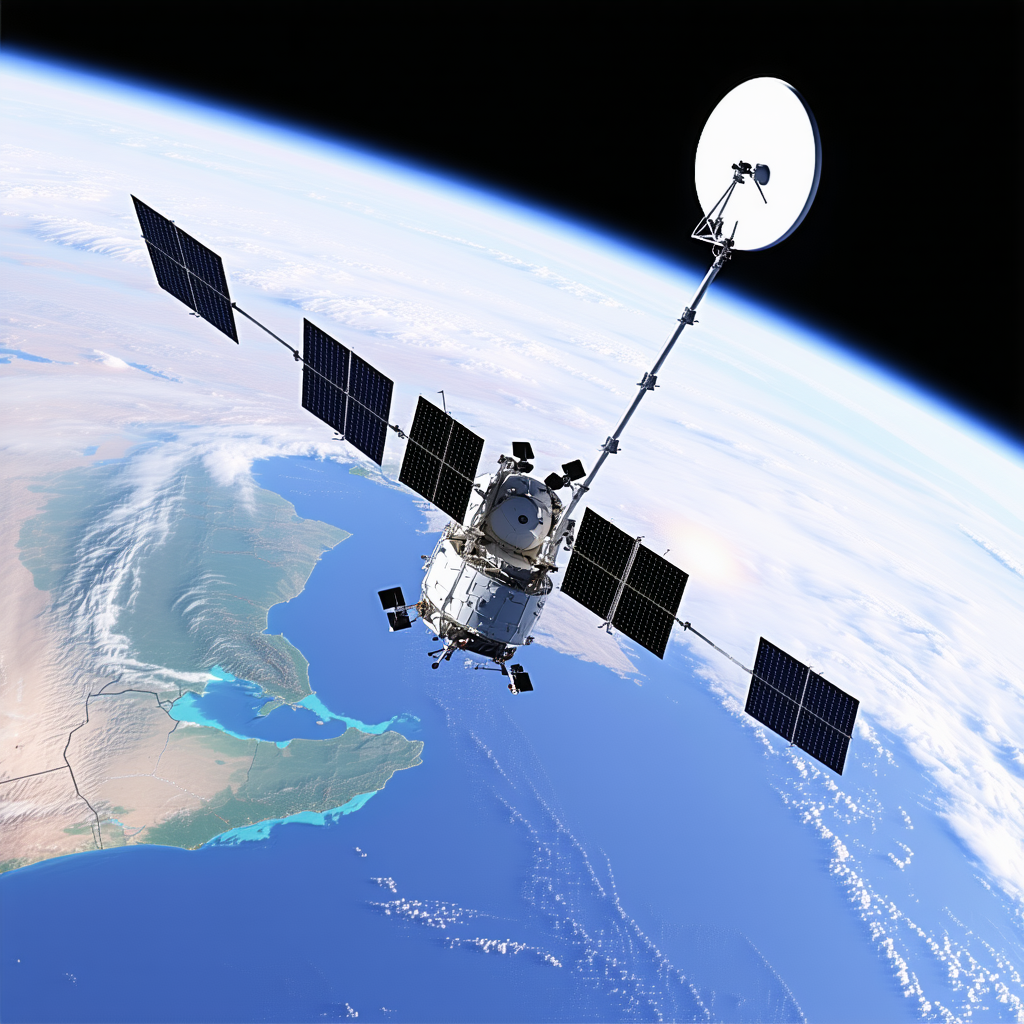 A Spacecraft With A Large Satellite Dish On Top, Flying High Above The Earth