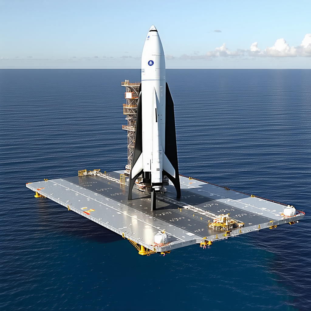 A Large White Space Shuttle Sitting On A Floating Platform In The Ocean