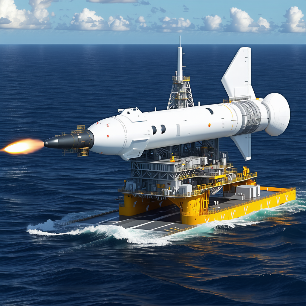 A White Space Shuttle Is Floating On Top Of A Yellow Platform In The Ocean