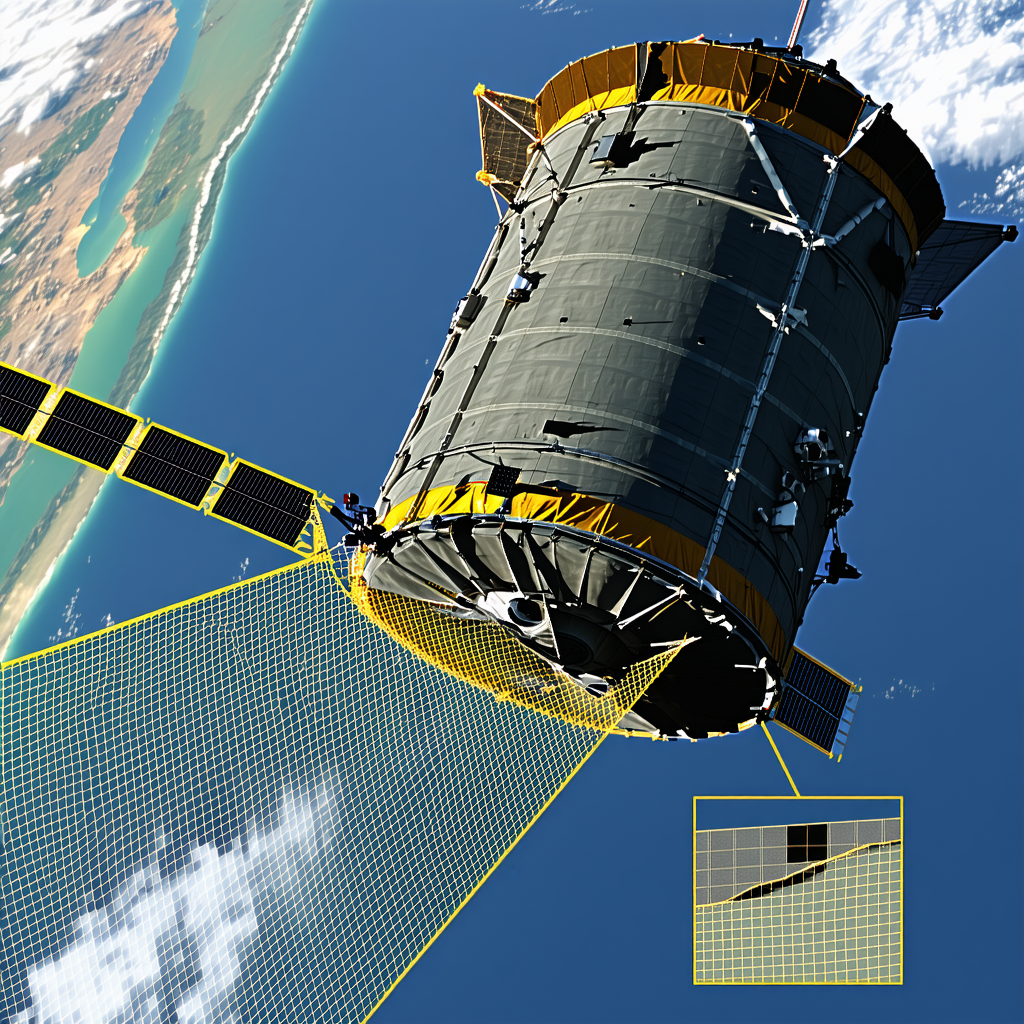 A Large Satellite Is Seen In The Sky, With A Yellow And Blue Netting Surrounding It