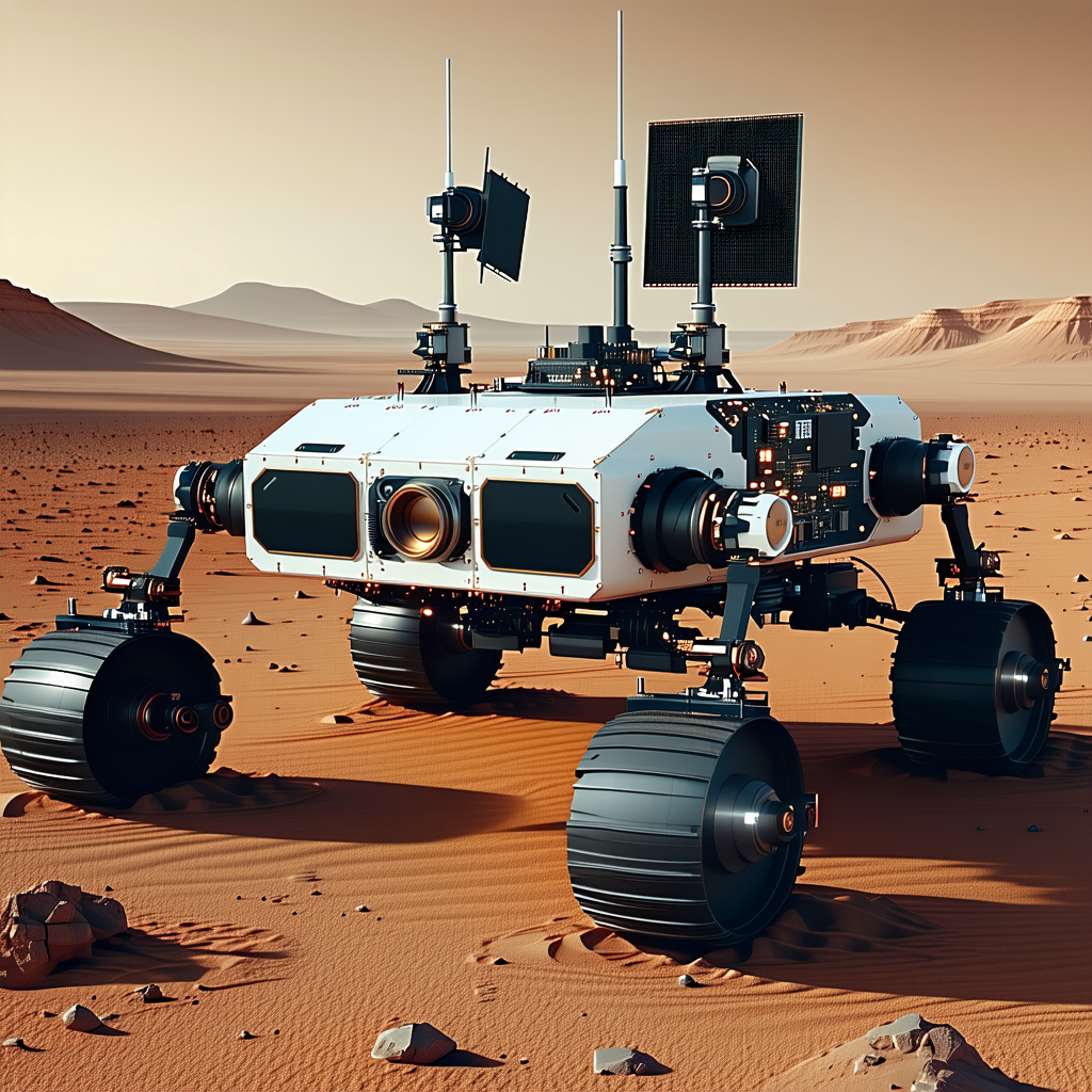 A White Robot Is Sitting On A Dirt Surface, With A Large Antenna On Its Back