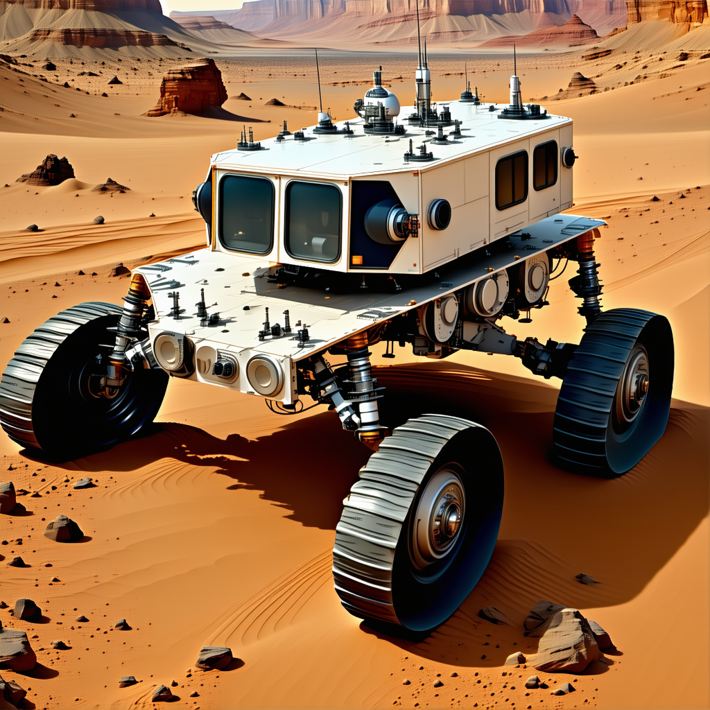 A White Vehicle With A Large Tire Is Driving On A Dirt Road