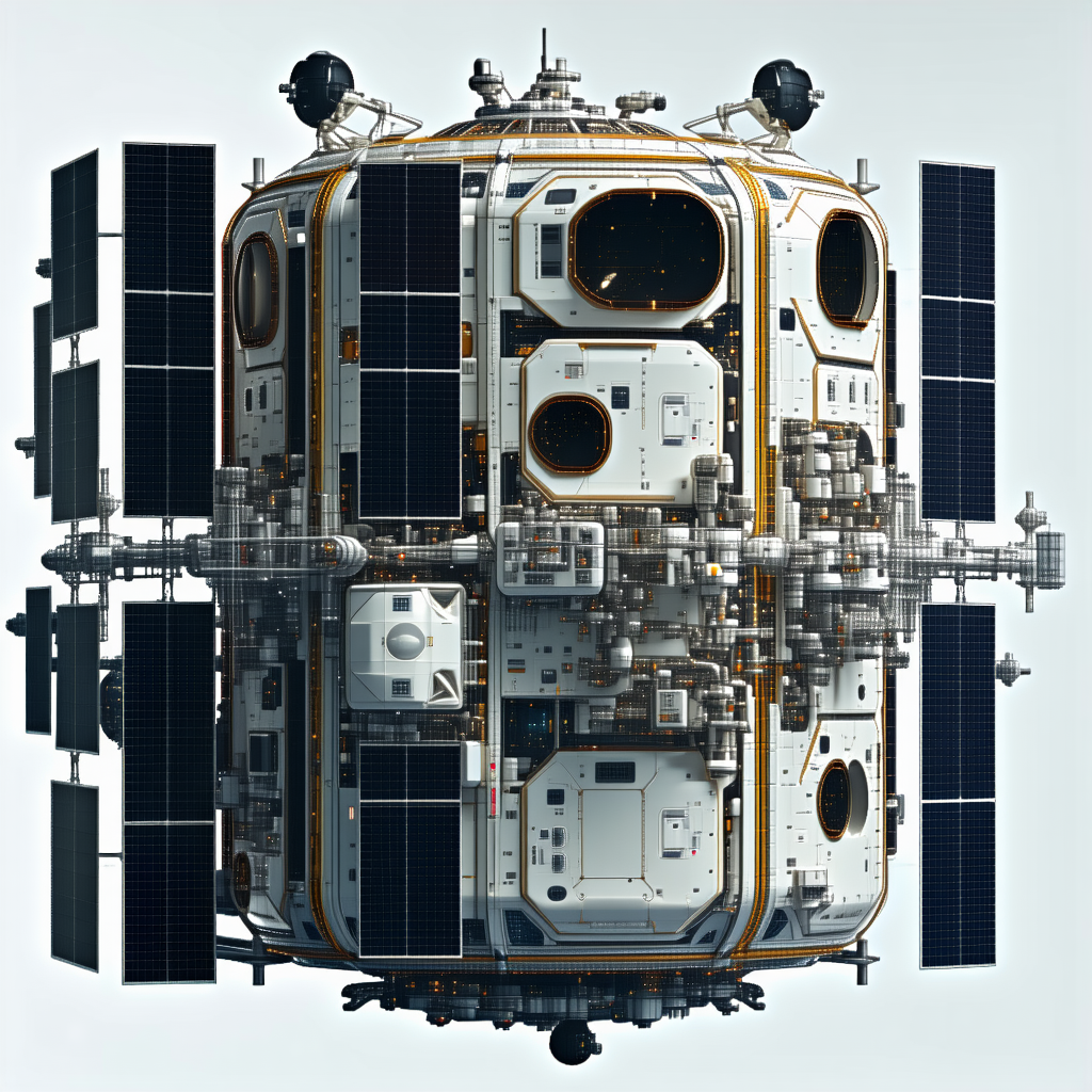 The Image Is A 3d Model Of A Spacecraft, Likely A Space Station, With A Large Number Of Windows