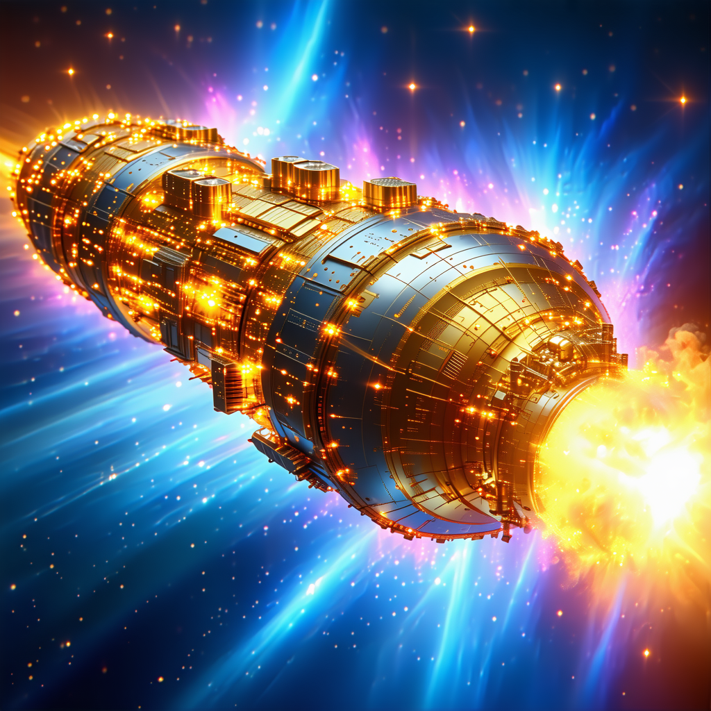 A Futuristic Spacecraft With A Blue And Gold Color Scheme