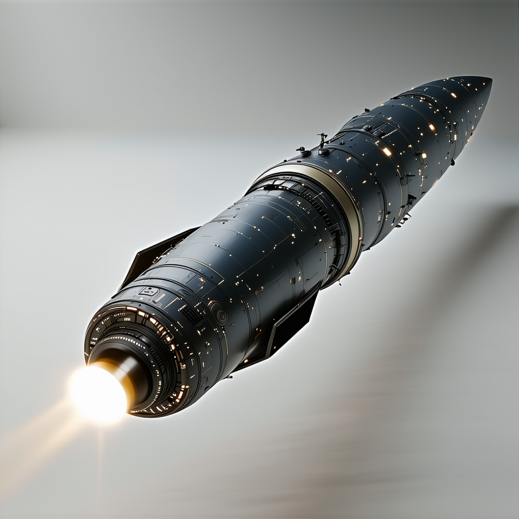 A Black Missile Is Shown In A Close-up View, With A Bright Light Shining From The Front