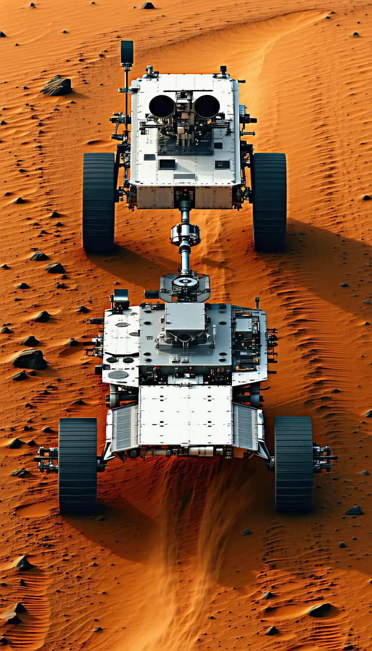 Two Large, White, And Silver Robots Standing On A Red Dirt Surface
