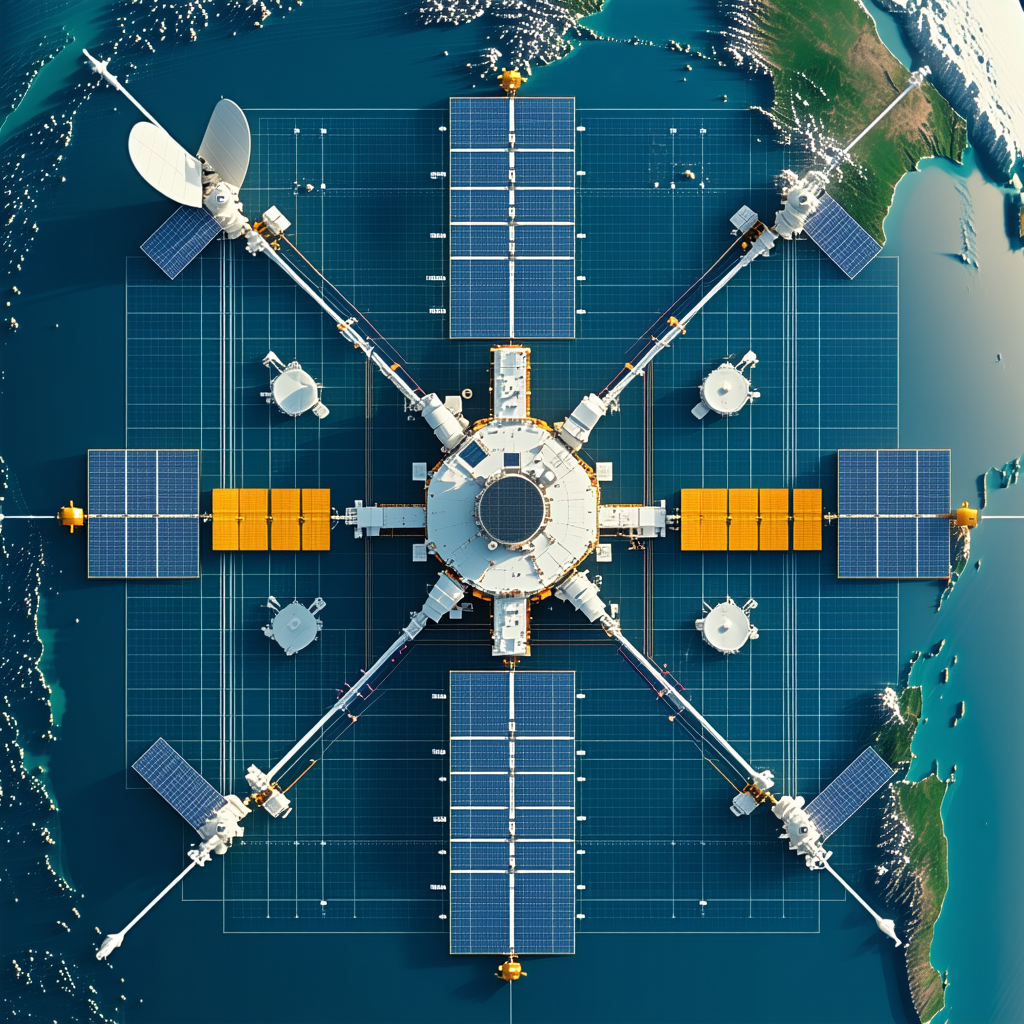 A Large, Futuristic Space Station Is Shown In A Blue And Yellow Color Scheme