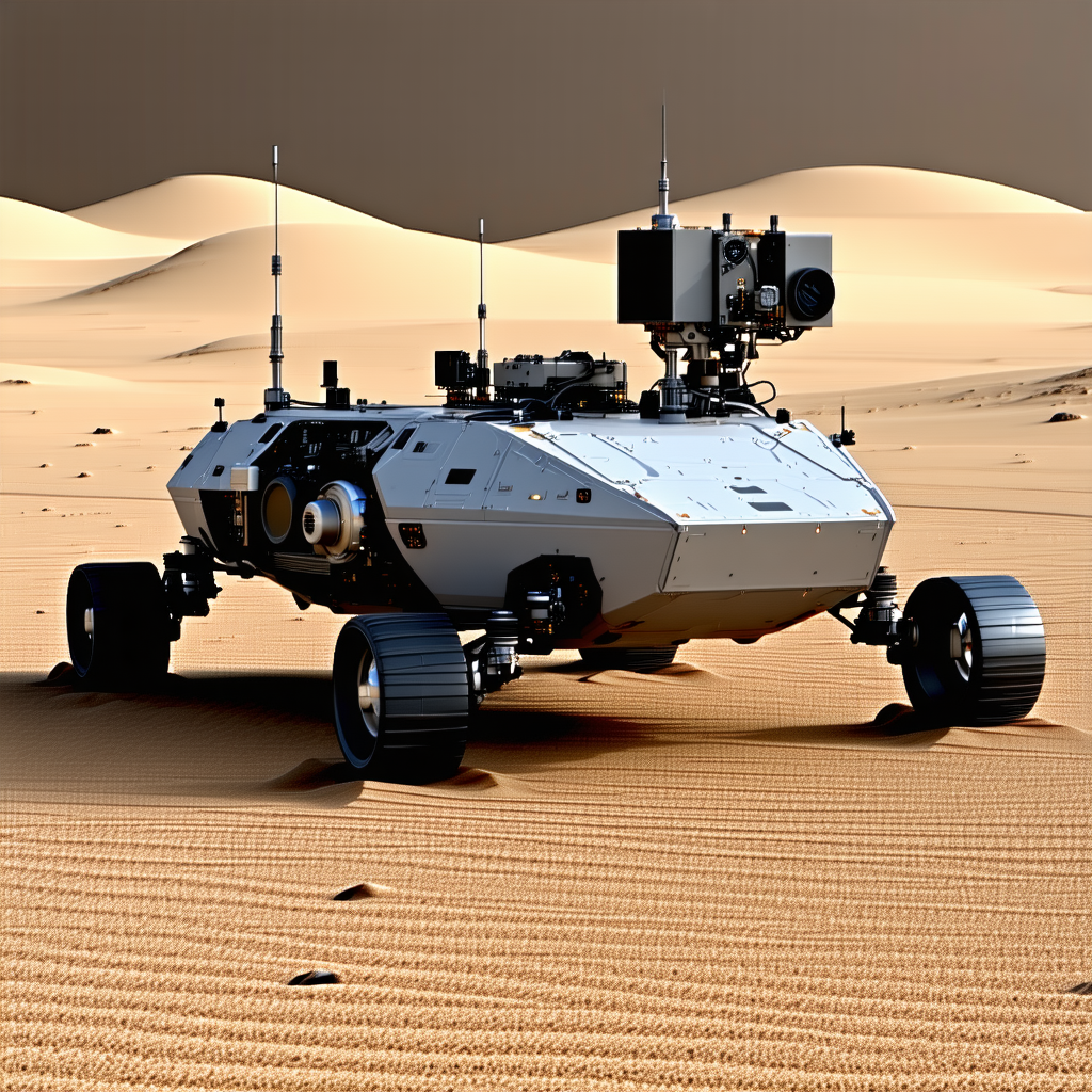 A Large, White, Four-wheeled Vehicle Is Parked In A Desert-like Environment