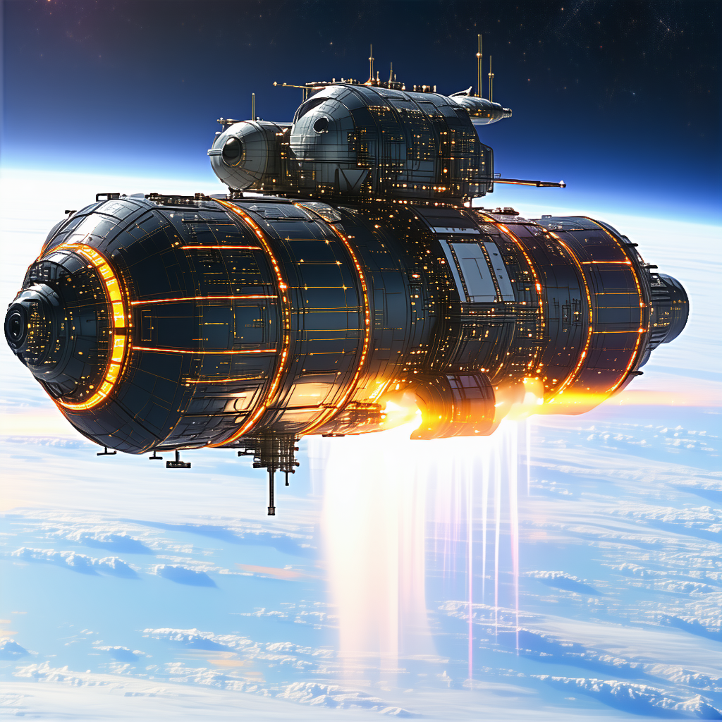 A Large Spacecraft Is Flying Through The Sky, With A Bright Orange Trail Behind It