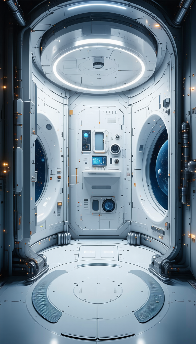 In The Image, There Is A Large White Room With A Circular Window In The Center