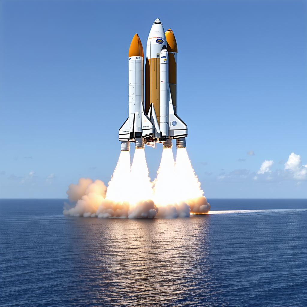 A Large Space Shuttle Is Flying Over The Ocean, With Its Two Rockets Attached
