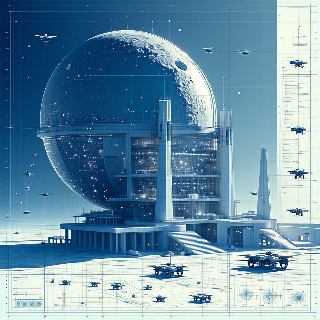 The Image Is A Futuristic Drawing Of A Large Building With A Dome-shaped Structure On Top