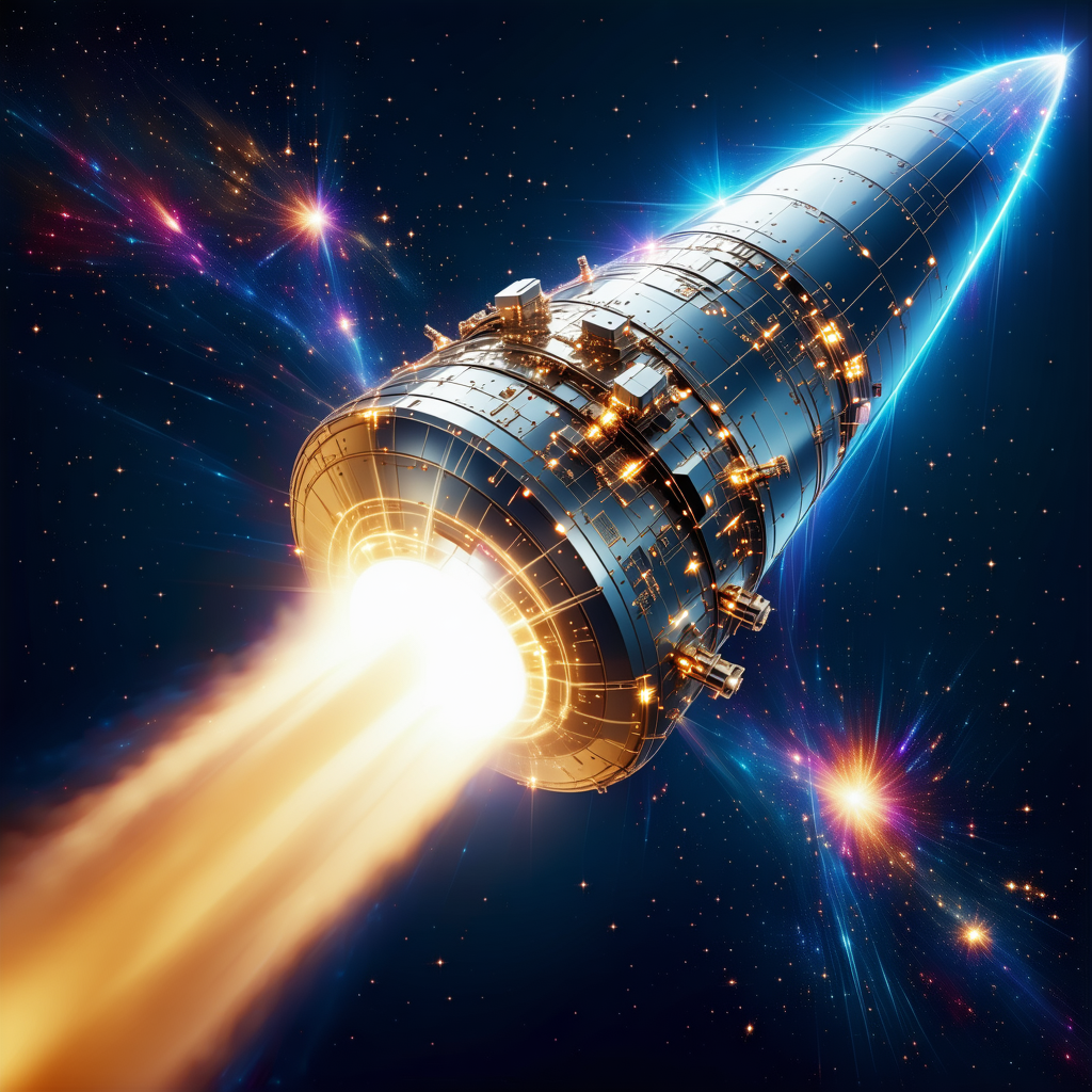 A Space Shuttle Flying Through The Sky, With A Bright Blue Background