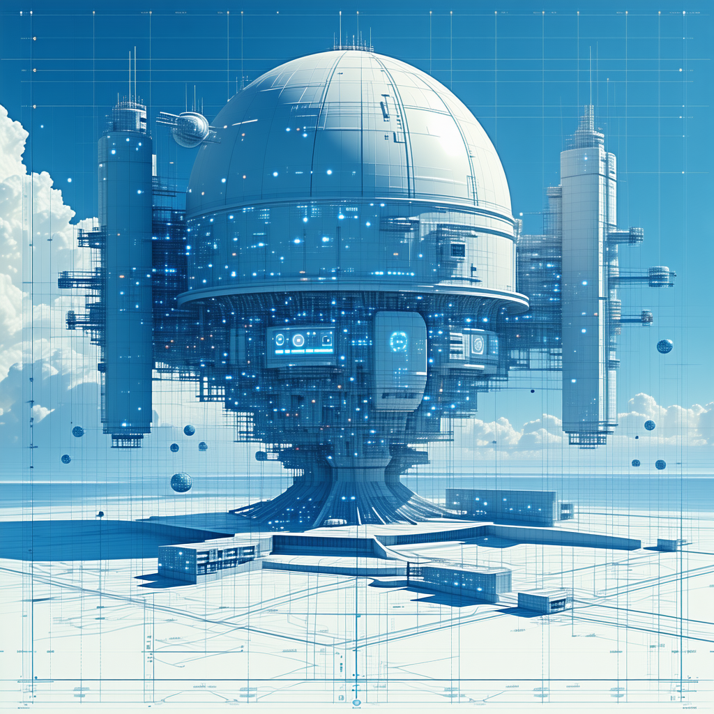 The Image Is A Futuristic Drawing Of A Large, White, Circular Structure With A Dome-shaped Top