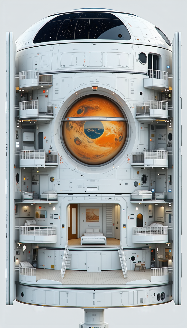 A Futuristic Space Station With A Large, Round Window In The Center Of The Structure