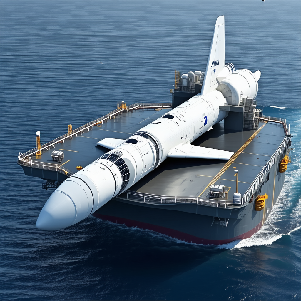 A Large White Space Shuttle Is Being Transported On A Large Red And White Boat